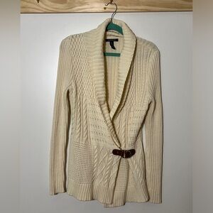 Lauren Ralph Lauren Cream Cable Knit Sweater Buckle Women Size Medium Preppy